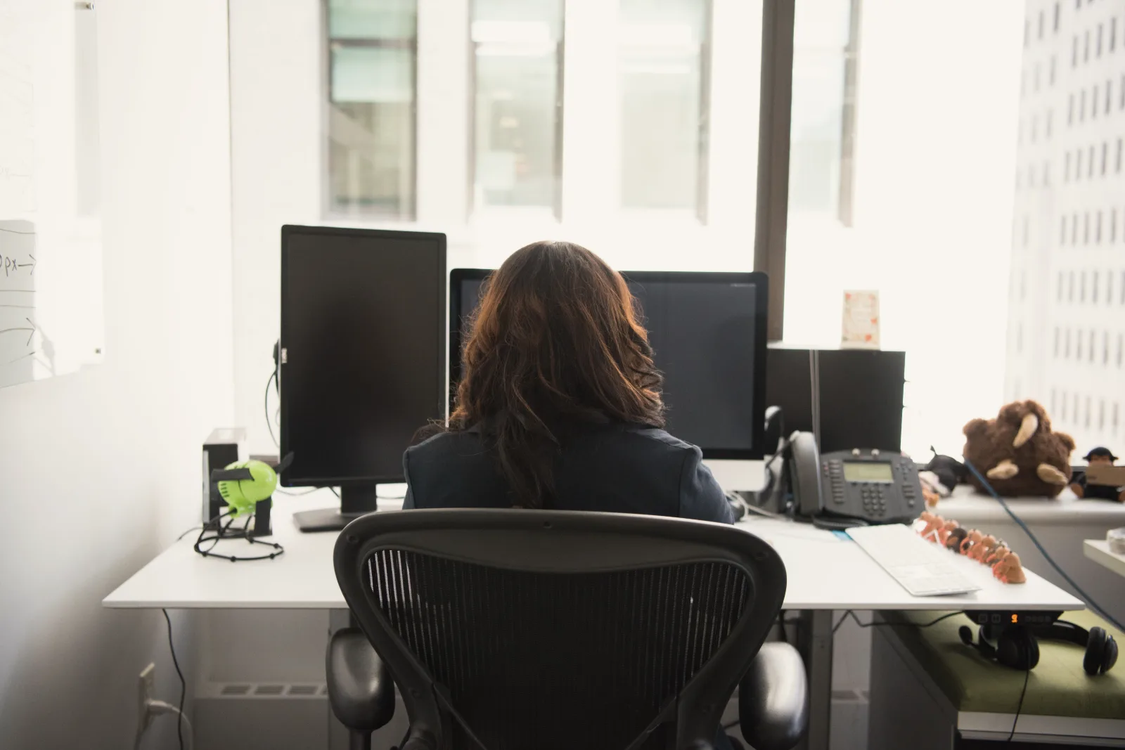 A person seen from behind sits in a black mesh chair at a white desk with two computer monitors and a desk phone, in front of bright office windows.
